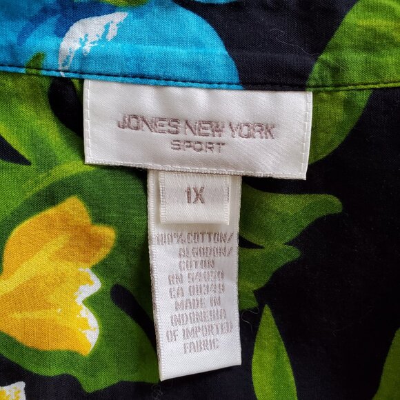 JONES NEW YORK Tropical Floral Blouse Women's 1x Plus Button Tab Sleeve Cotton - Picture 4 of 16